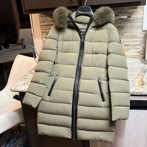 Mackage olive color light down coat with blue fox fur collar